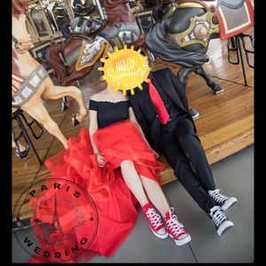 Red long tulle skirt with tail